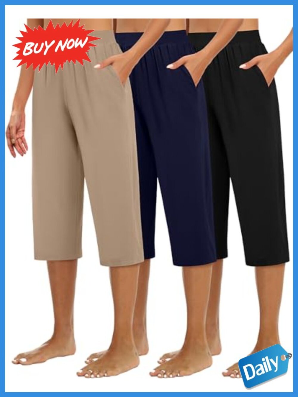 Wide Leg Capris Sweatpants 3 Pack Women's Soft Stretch Jersey Cropped Lounge